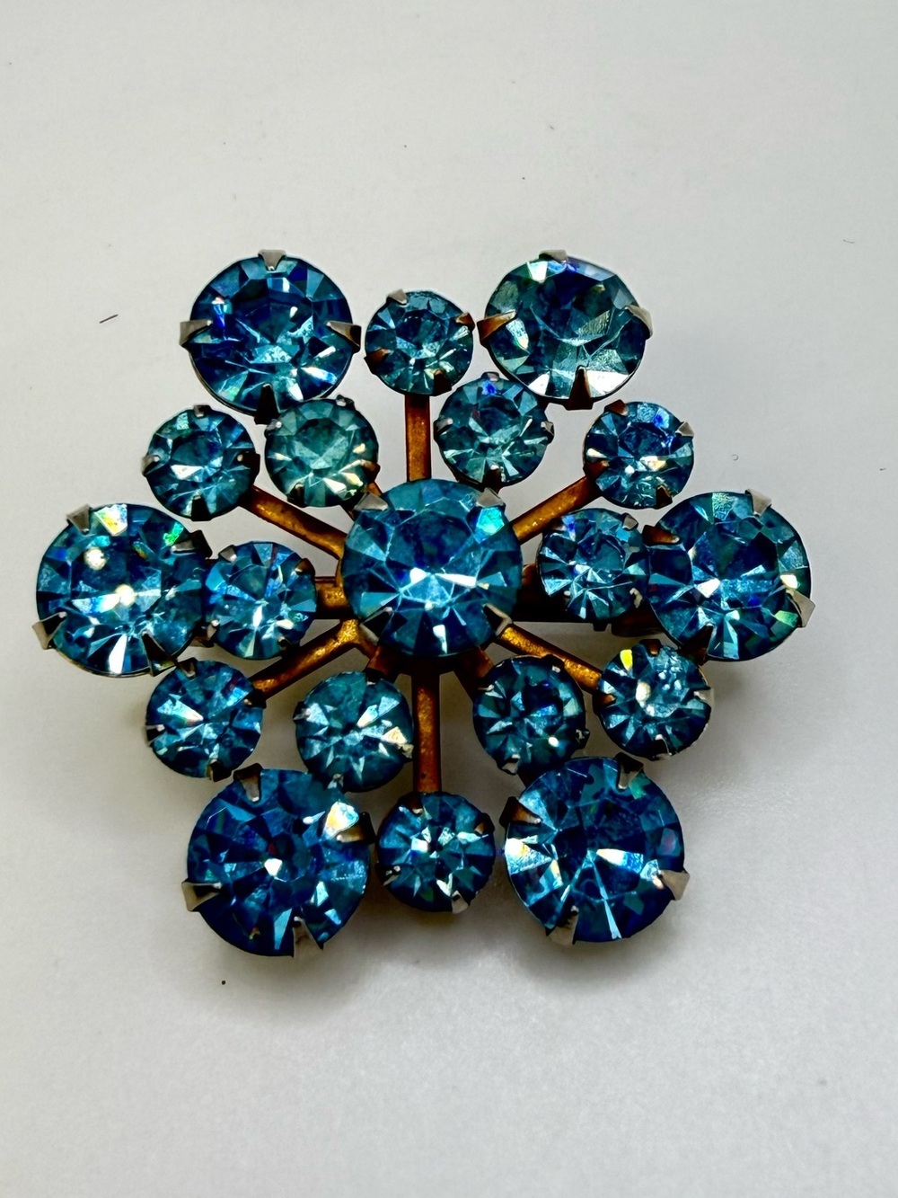 Vintage Blue Rhinestone Starburst Brooch Aqua Capri Blue Pin 1.25”